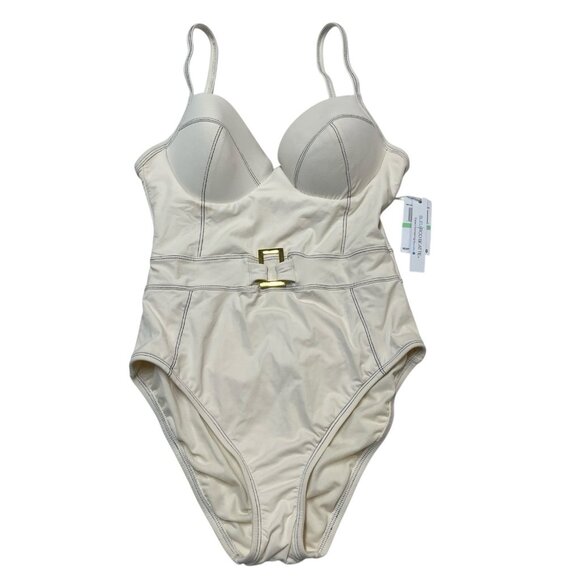 Bleu Rod Beattie Swimsuit 8 White Fine Line Belted One Piece Underwire Resort - Picture 1 of 6